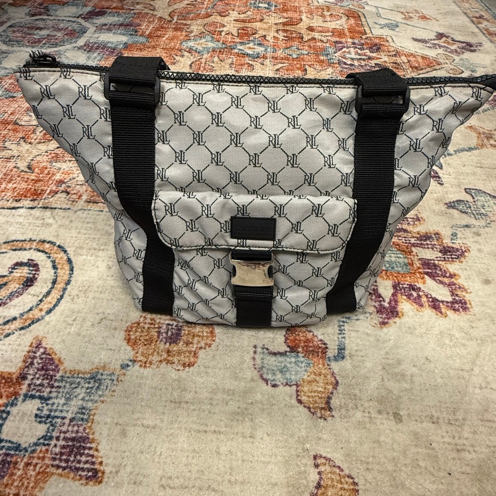 Lauren Ralph Lauren Monogram Tote Bag‎ Black White Canvas Zip Top - Picture 2 of 10